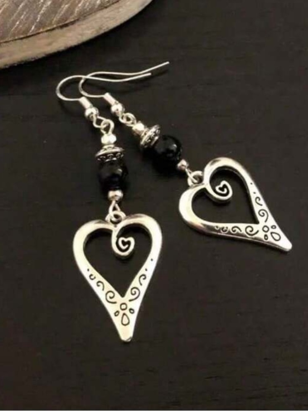 Silver and Black Heart Drop Earrings - Women Jewelry